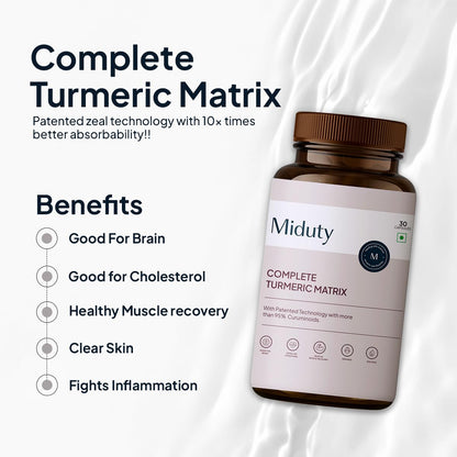 Zphivo Miduty by Palak Notes Complete Turmeric Matrix Curcumin Capsules For Relieving Muscle Pain - Lower Cholesterol - Anti-inflammatory - Increase memory power - Skin Health - 30 Capsules