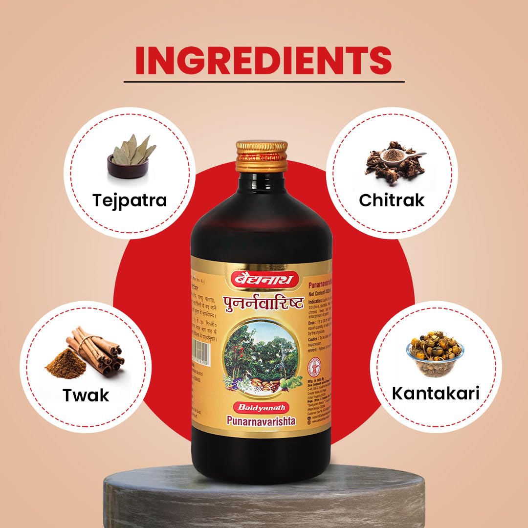 Baidyanath Punarnavarishta bottle with ingredients Tejpatra, Chitrak, Twak, and Kantakari on a beige background.