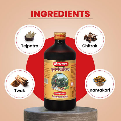 Baidyanath Punarnavarishta bottle with ingredients Tejpatra, Chitrak, Twak, and Kantakari on a beige background.