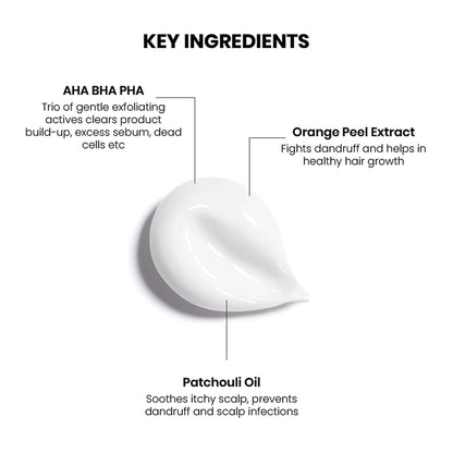 Key ingredients of a hair care product with a white droplet illustration on a white background.