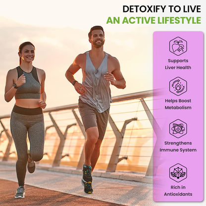 Two people running outdoors with a product feature panel on the right.