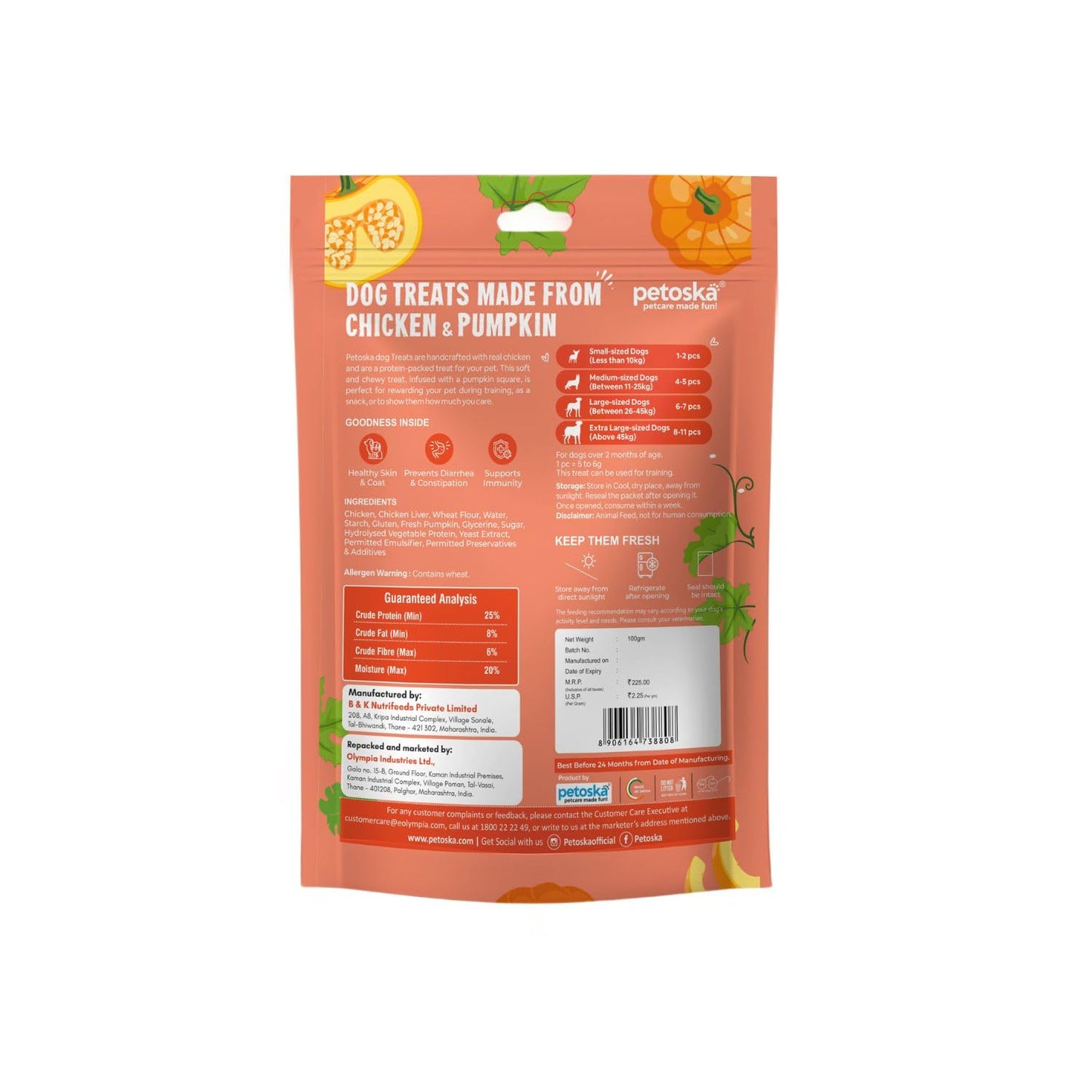 Petoska Chicken & Pumpkin Square Sticks – 100gms | Healthy & Tasty Dog Chews | Real Chicken & Pumpkin | Supports Digestion & Immunity | Dogs of All Breeds