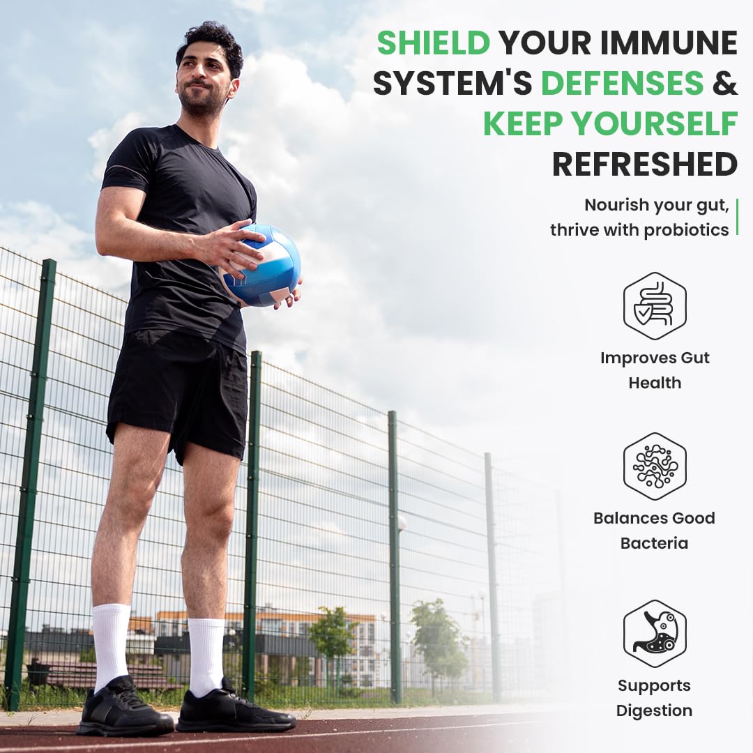 Man holding a blue ball outdoors with promotional text about immune system defense and probiotics.