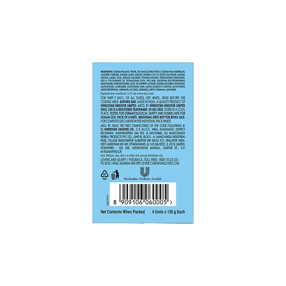 LUX International Smooth & Radiant Bathing Soap 4 x130g, LUXURIOUS BATHING EXPERIENCE, Smooth & Moisturized skin, with Glutathione & French Moisturizer, Improves Skin Texture, White Rose Fragrance
