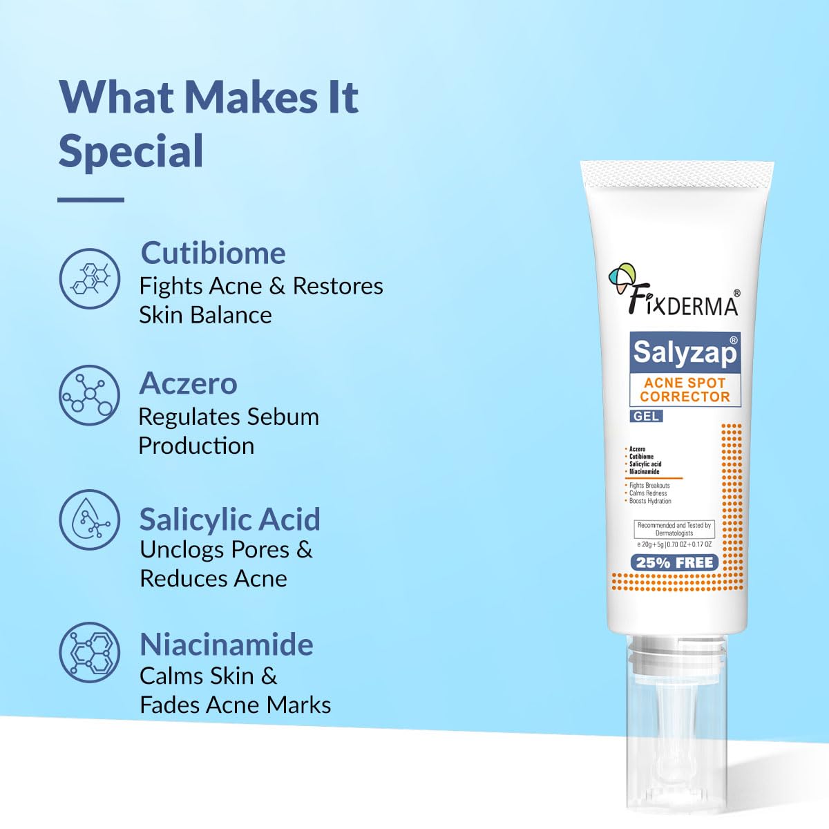 Fixderma Salyzap 2% Salicylic Acid Acne Spot Corrector Gel with 2% Niacinamide Acid & 1% Aczero | Reduce Active Acne & Redness | Fades Dark Spots & Blemishes | Pimple Remover For Men & Women - 20g