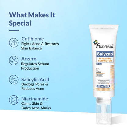 Fixderma Salyzap 2% Salicylic Acid Acne Spot Corrector Gel with 2% Niacinamide Acid & 1% Aczero | Reduce Active Acne & Redness | Fades Dark Spots & Blemishes | Pimple Remover For Men & Women - 20g