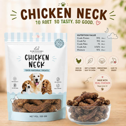 PAWPOURRI Natural Chicken Neck Dog Treats, 100gm (Pack of 1) | Protein Rich Chewy Snacks for Dogs | Suitable for All Life Stages & Breeds | Daily Reward & Training Treats