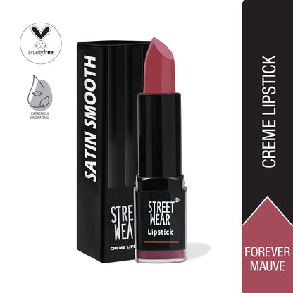 STREET WEAR Satin Smooth Lipstick -FOREVER MAUVE (Mauve) - 4.2 gms - Longwear Creme Lipstick, Moisturizing, Creamy Formuation, 100% Color payoff, Enriched with Aloe vera, Vitamin E and Shea Butter