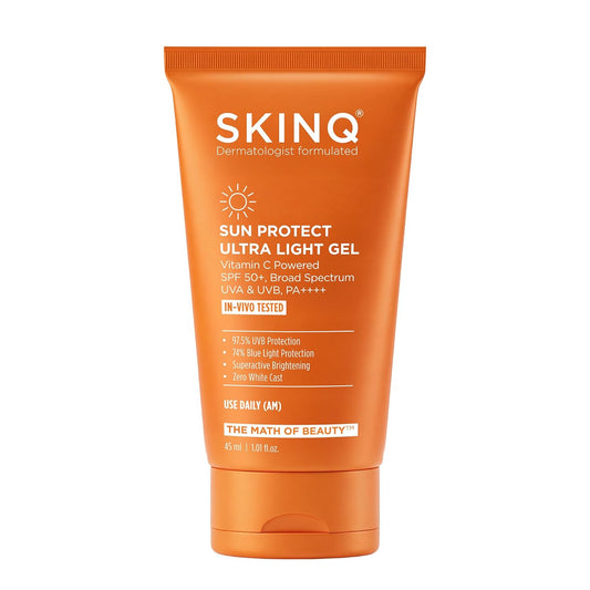 SKINQ Sun Protect Ultra Light Gel Sunscreen SPF 50+ PA++++ with Vitamin C | In-Vivo Tested | Zero White Cast | Lightweight, Non-Greasy | For Dry & Sensitive Skin | Dermat Formulated | 45ml