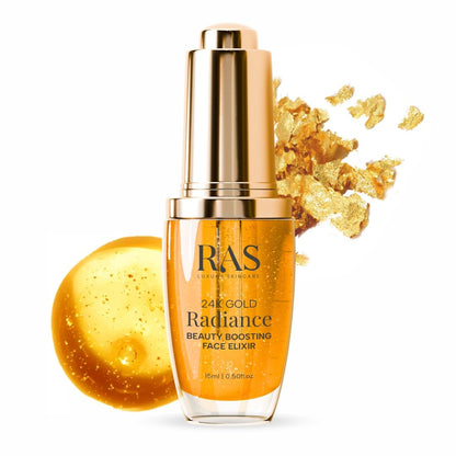 Gold beauty boosting face elixir with gold flakes on a white background