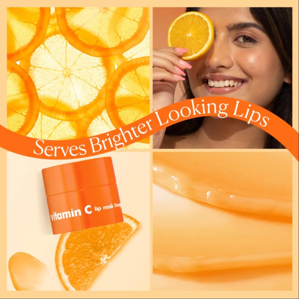 Collage of a vitamin C lip mask with orange slices and a woman holding an orange.