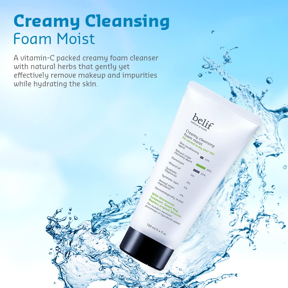 Belif Creamy Cleansing Foam Moist with water splash on a blue background