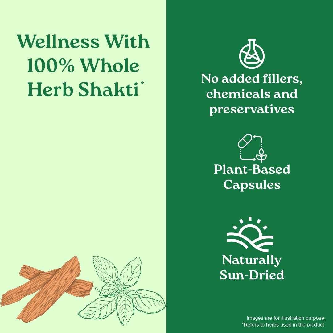 Promotional graphic for 100% Whole Herb Shakti with text about plant-based capsules and natural ingredients.