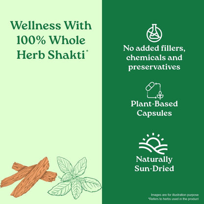 Promotional graphic for 100% Whole Herb Shakti with text about plant-based capsules and natural ingredients.