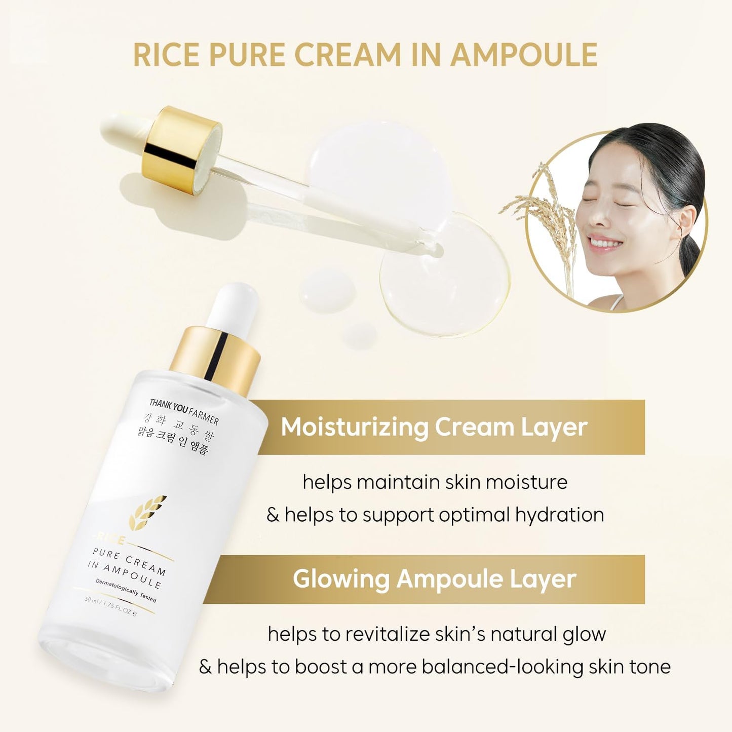 THANKYOU FARMER Rice Pure Cream In Ampoule (50ml) Brightening Rice Face Serum, Deep Hydration & Glow Enhancing Cream Serum for All Skin Types, Moisture Locking & Brightening Serum