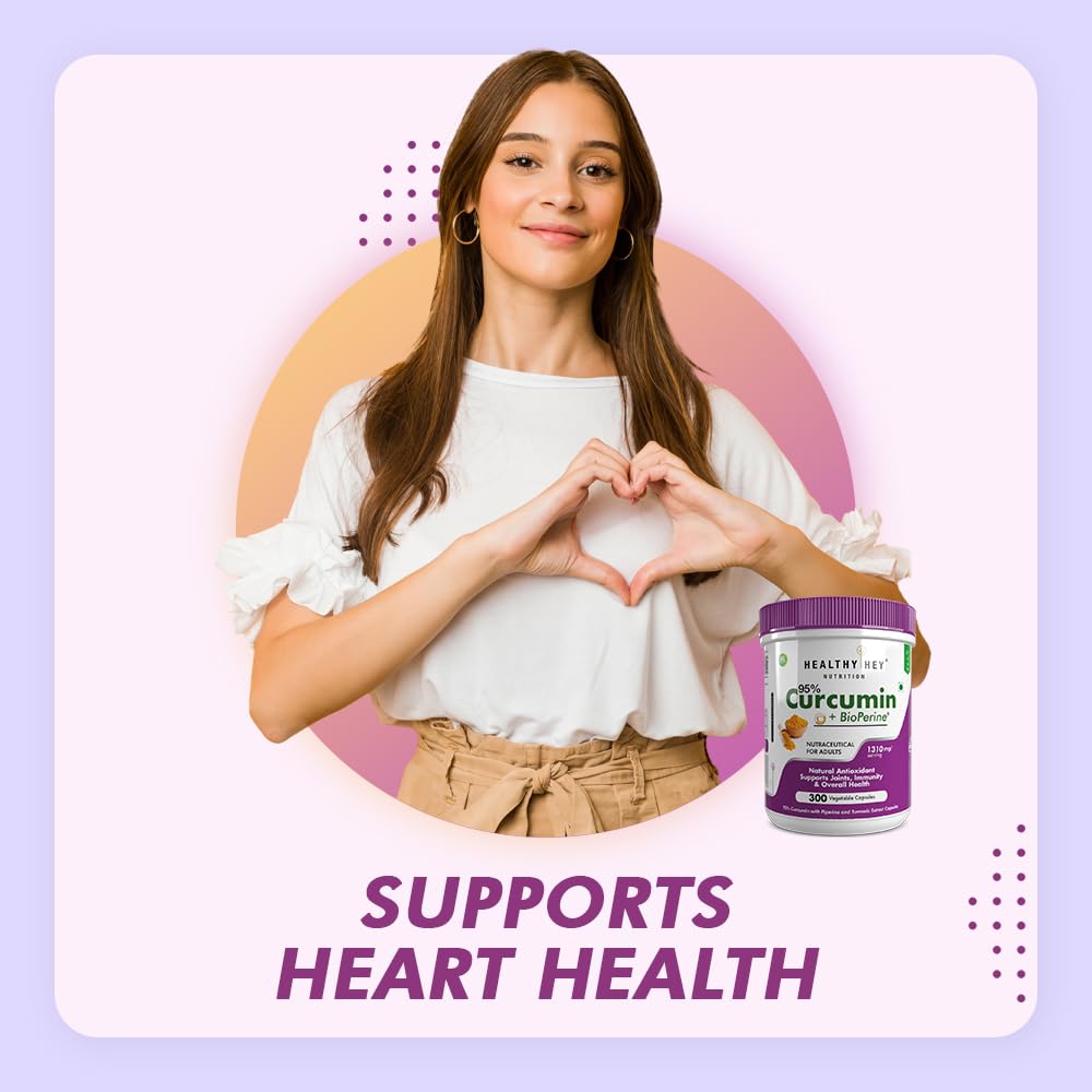 Woman making a heart shape with her hands next to a bottle of Healthy You Curcumin on a pastel background