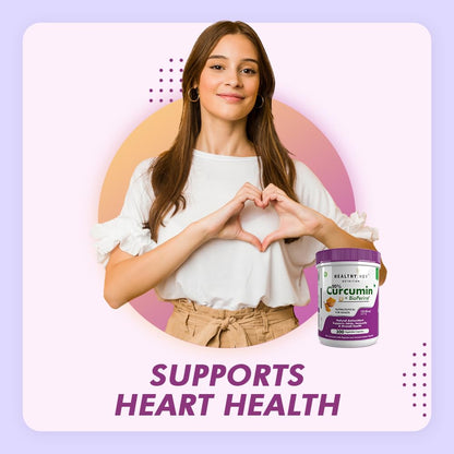 Woman making a heart shape with her hands next to a bottle of Healthy You Curcumin on a pastel background