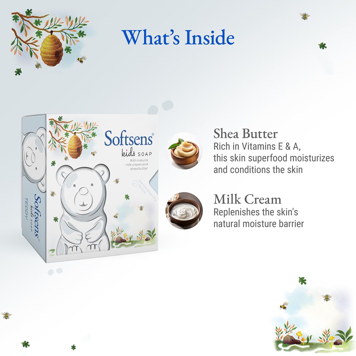 Softsens Kids Soap Teddy 75g | Gentle Nourishing Care with Shea Butter & Natural Milk Cream, Dermatologist Tested Baby Soap, Moisturizing Animal Shape Bar Soap For Toddlers & Kids 2-10 Years