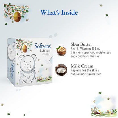 Softsens Kids Soap Teddy 75g | Gentle Nourishing Care with Shea Butter & Natural Milk Cream, Dermatologist Tested Baby Soap, Moisturizing Animal Shape Bar Soap For Toddlers & Kids 2-10 Years