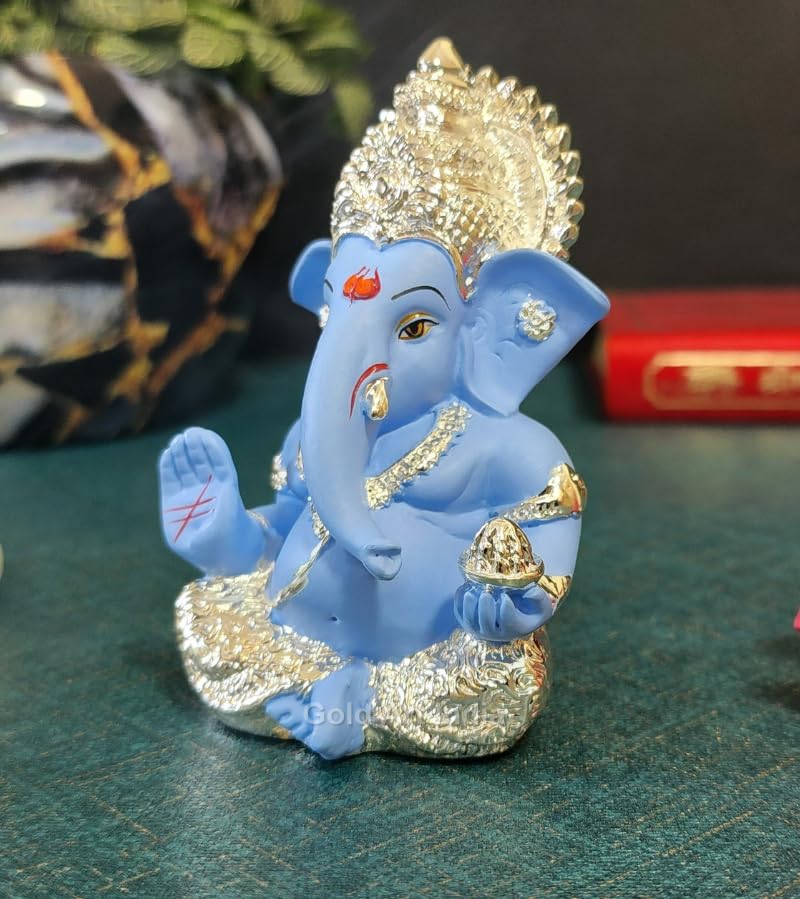 Gold Art India 999 Silver Plated Idol for Ganesh Idol for Car Dashboard God Ganesha Idol for Home Decor Ganpati for Gift 3.5 inches (Silver) (Silver Sky Blue), Idol