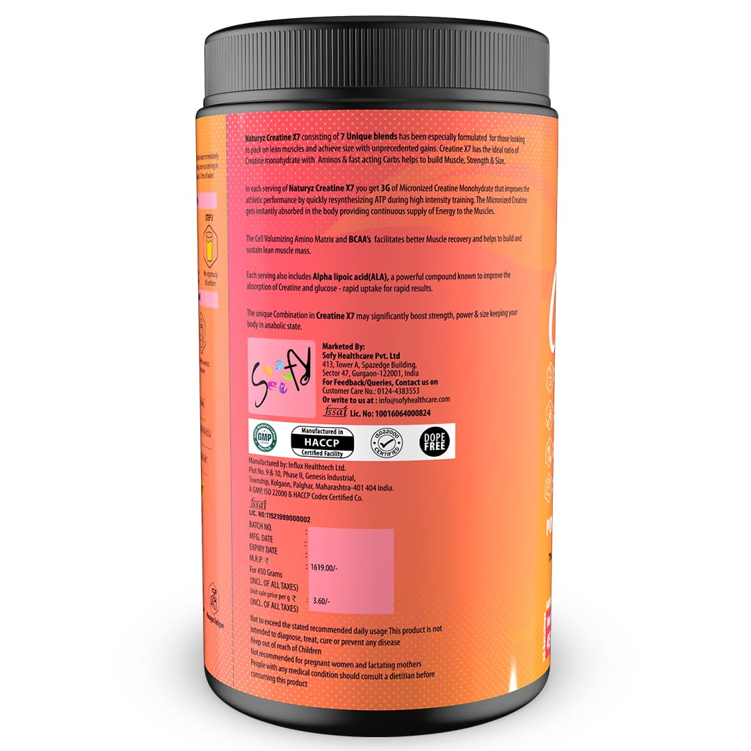 Supplement container with orange label and black lid on a white background