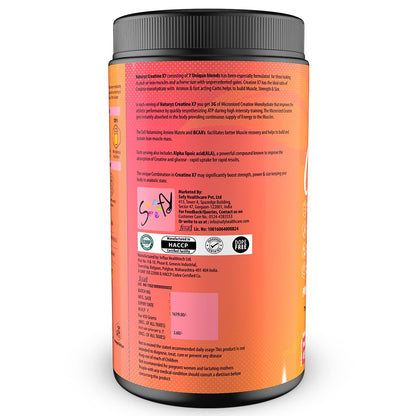 Supplement container with orange label and black lid on a white background