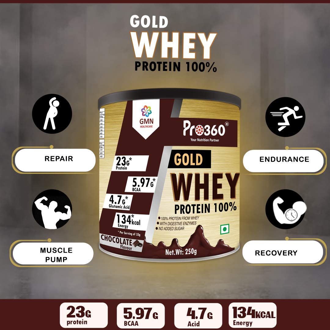 Pro360 Gold Whey Protein - Chocolate Flavored - (100% Whey Protein with Digestive Enzymes, 23g Protein, 5.97g BCAA, 4.7g Glutamic Acid per Serving) (250g)