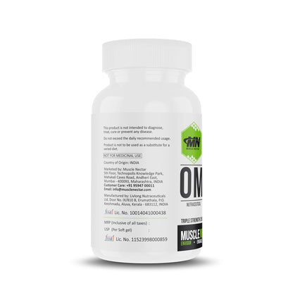 Muscle Nectar (MN) Omega 3 Fish Oil Triple Strength 2500mg for Men & Women - Molecularly Distilled (1500mg EPA/DHA) (60 Soft gels)