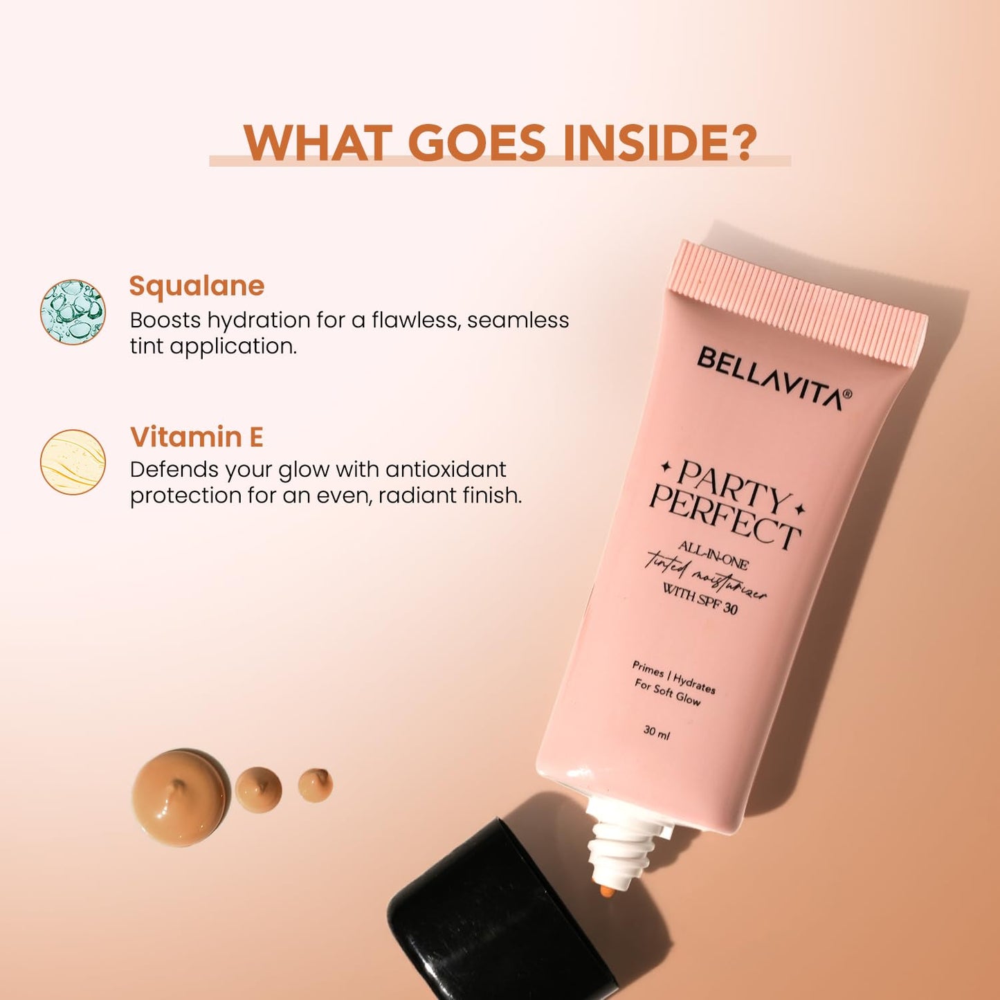 Bellavita Party Perfect skincare product with ingredients listed on a peach background