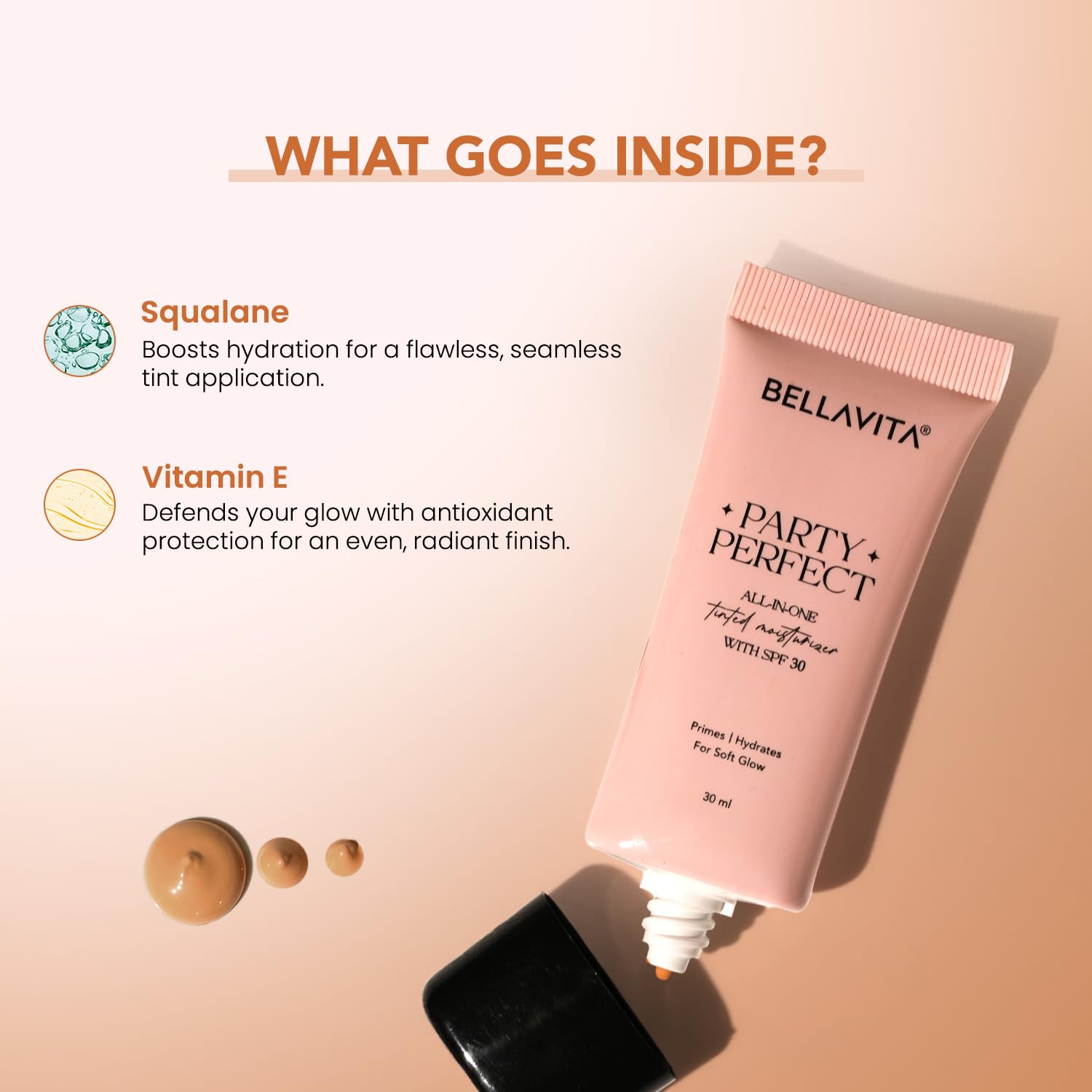 Bellavita Party Perfect skincare product with ingredients listed on a peach background