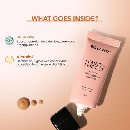 Bellavita Party Perfect skincare product with ingredients listed on a peach background