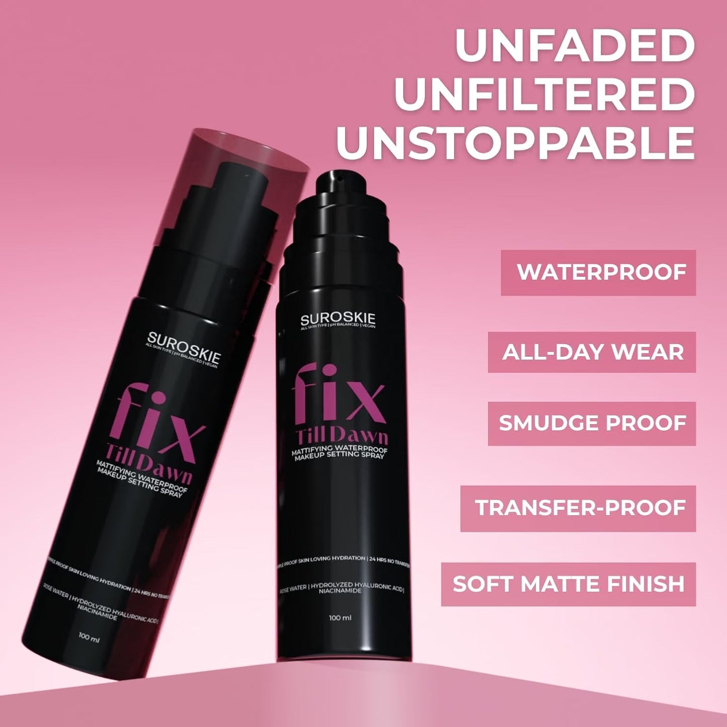 Suroskie Fix Till Dawn Makeup Fixer 100Ml | Long Lasting Makeup Setting Spray With Matte Finish | Niacinamide & Hyaluronic | Lasts Up To 15Hrs | Non Sticky, Quick Drying & Waterproof | All Skin Types