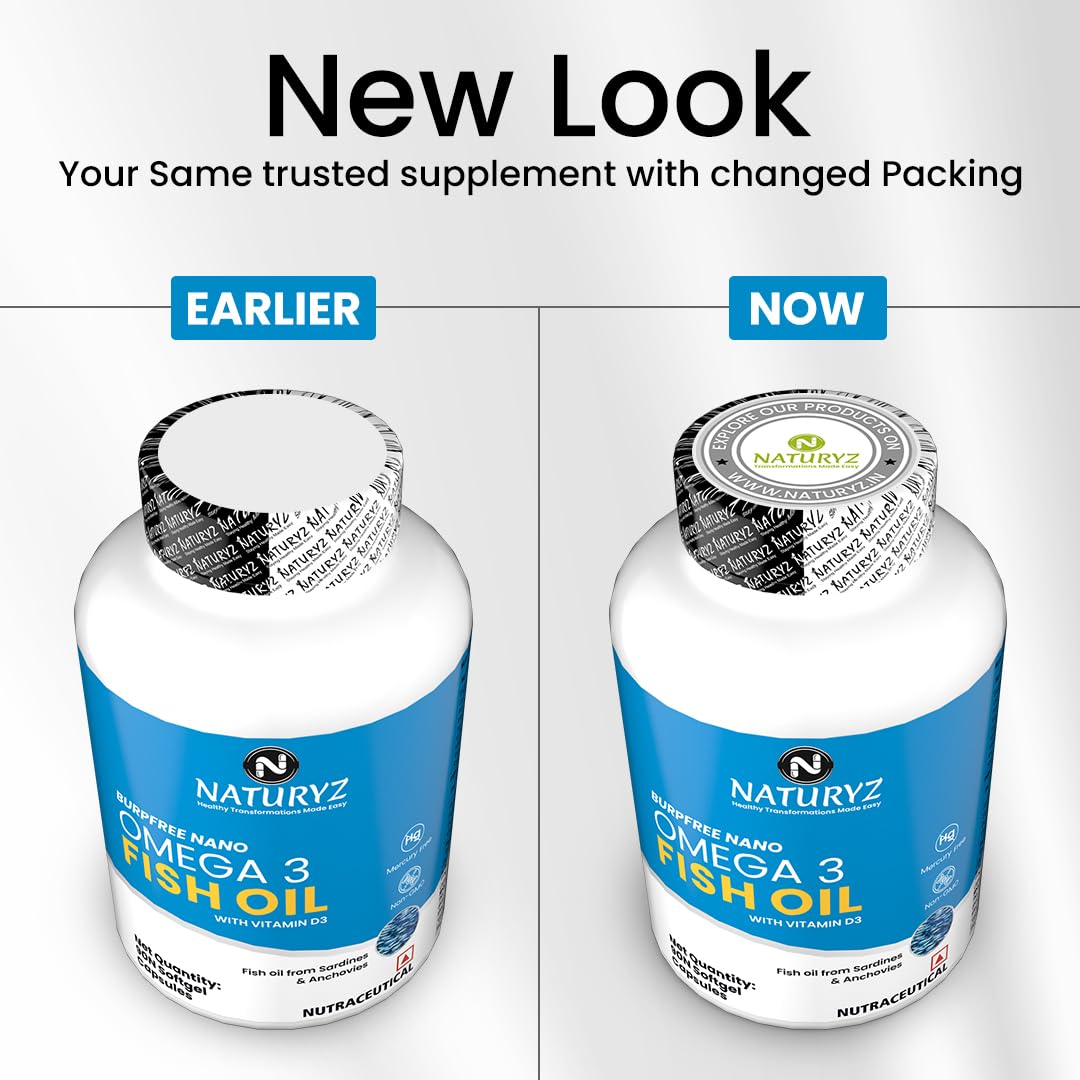 Comparison of Naturyz Omega 3 Fish Oil packaging, earlier and now, on a white background.