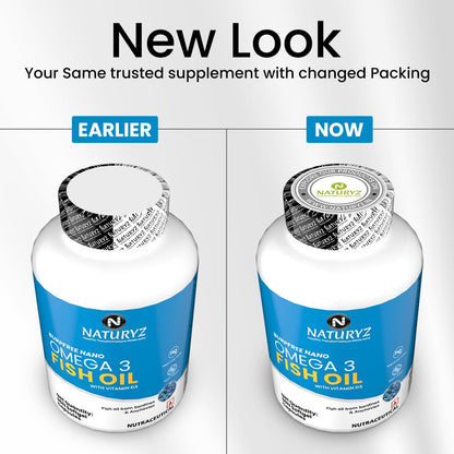 Comparison of Naturyz Omega 3 Fish Oil packaging, earlier and now, on a white background.