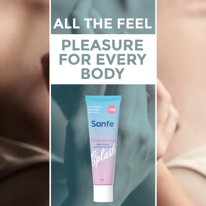 Sanfe Splash Strawberry Lubricant | For intercourse, anal lube, non-Greasy, water based personal lubricant, pH Friendly lube | use with toys, for women & men | Condom Friendly Personal Lube, 15gm
