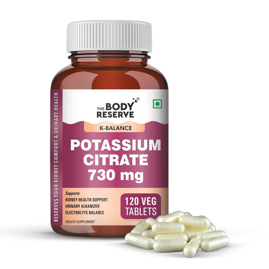 Supplement bottle labeled 'The Body Reserve Potassium Citrate 730 mg' with tablets on a white background