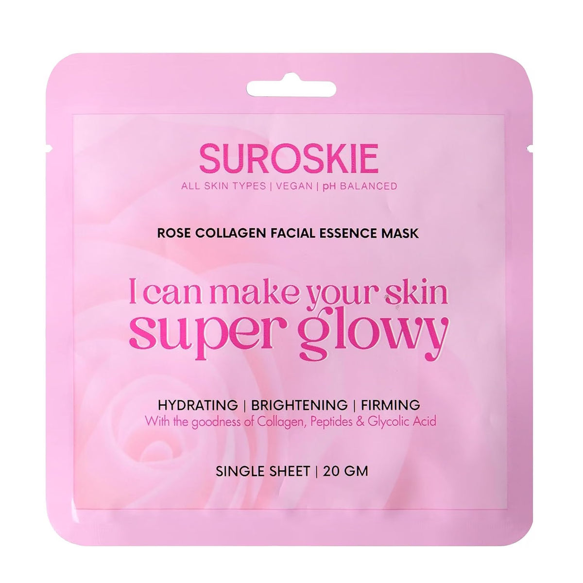 Suroskie Rose Collagen Facial Essence Mask – Korean Brightening Sheet Mask With Real Rose Extract & Anti-Aging Collagen | Intense Hydration, Firming Glow, Radiance Boost For Dull, Dry, Tired Skin