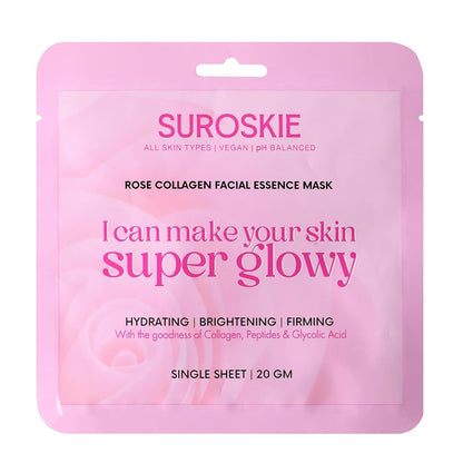 Suroskie Rose Collagen Facial Essence Mask – Korean Brightening Sheet Mask With Real Rose Extract & Anti-Aging Collagen | Intense Hydration, Firming Glow, Radiance Boost For Dull, Dry, Tired Skin