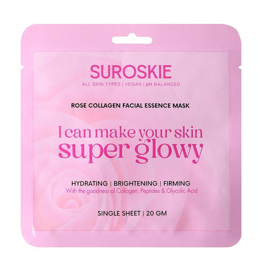 Suroskie Rose Collagen Facial Essence Mask – Korean Brightening Sheet Mask With Real Rose Extract & Anti-Aging Collagen | Intense Hydration, Firming Glow, Radiance Boost For Dull, Dry, Tired Skin