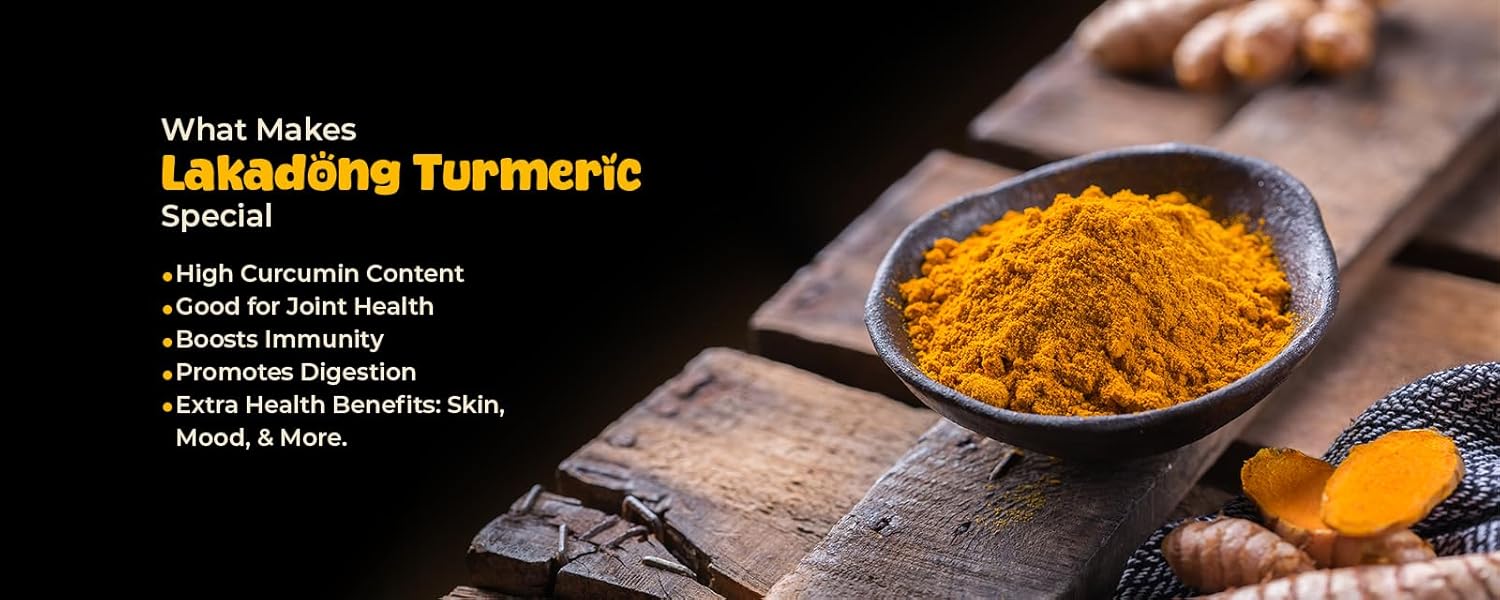 Lakadong Turmeric powder in a bowl on a wooden surface with text about its benefits.
