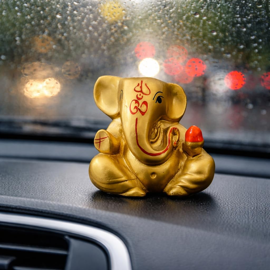 Resin Lord Ganesha Idol Car Dashboard 5x5cm (Golden)