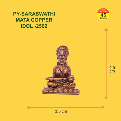 Pure Copper Saraswati MATA Murti | Handcrafted Copper Idol for Pooja Room, Vastu Decor | Traditional & Auspicious Religious Hindu God Showpiece & Gift Item | 45gm (4.5x3.5 cm)