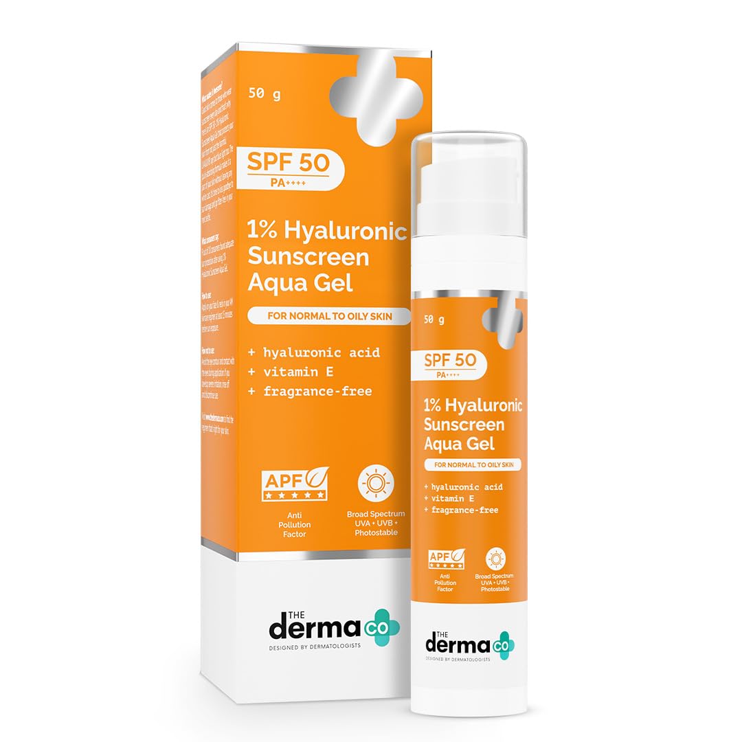 The Derma Co 1% Hyaluronic Sunscreen Aqua Gel SPF 50 PA++++ | Hyaluronic Acid for Deep, Long Lasting Hydration | Ultra Lightweight Texture I Non-Greasy, No White Cast | Broad Spectrum Protection & Blue Light Protection| 50 g