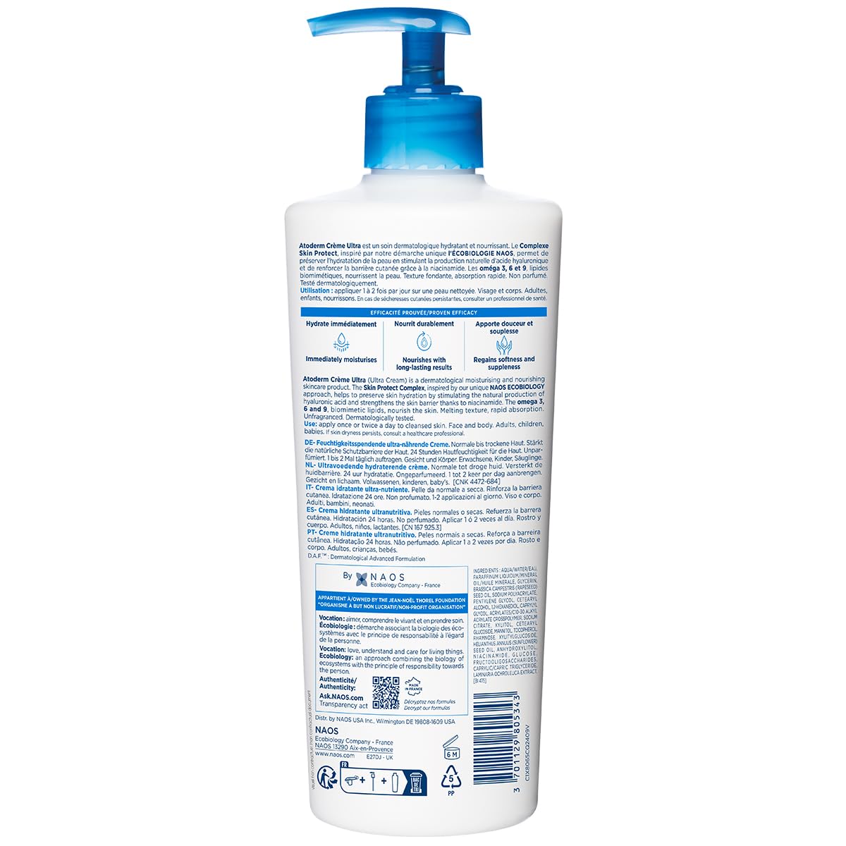 Back view of a NACOS skincare product bottle with pump on a white background