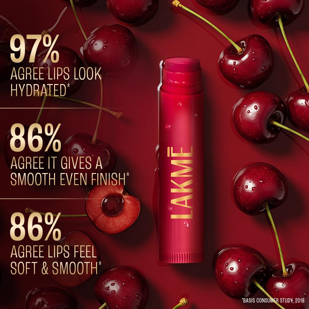 Lakme Lip Love Care Stick Cherry, with 10% Vitamin E Complex, nourished with Shea & Cocoa Butter and enriched with Almond & Jojoba Oil for 24hr moisturization in just 1 swipe, with SPF 15, 4.5g