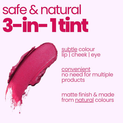 Pink 3-in-1 tint with text highlighting its features on a white background