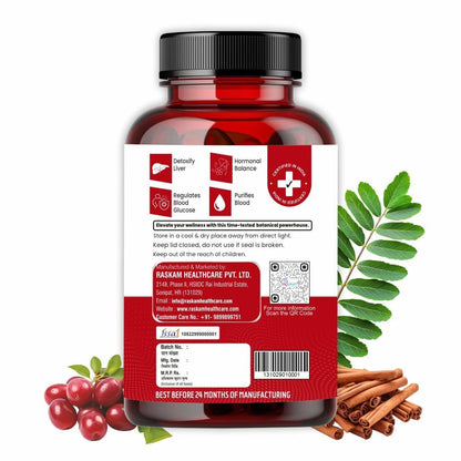 Red supplement bottle with label and natural elements on a white background