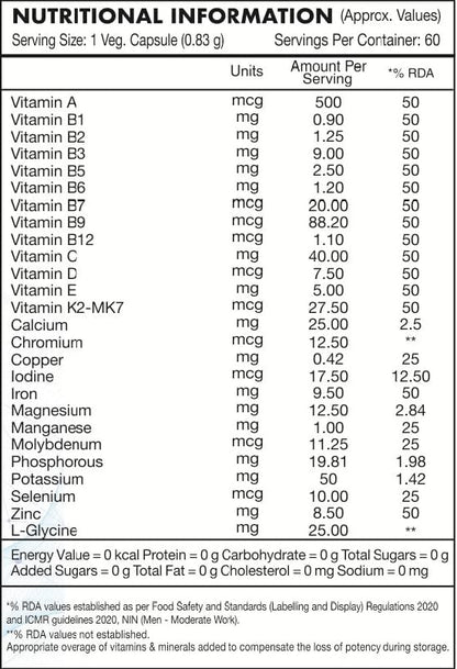 Nutritional information label for a supplement capsule with various vitamins and minerals listed.