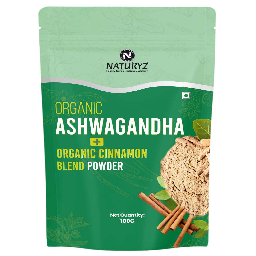 Green package of Naturyz Organic Ashwagandha Cinnamon Blend Powder on a white background