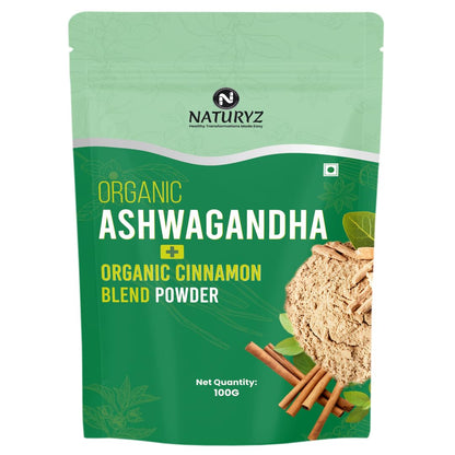 Green package of Naturyz Organic Ashwagandha Cinnamon Blend Powder on a white background